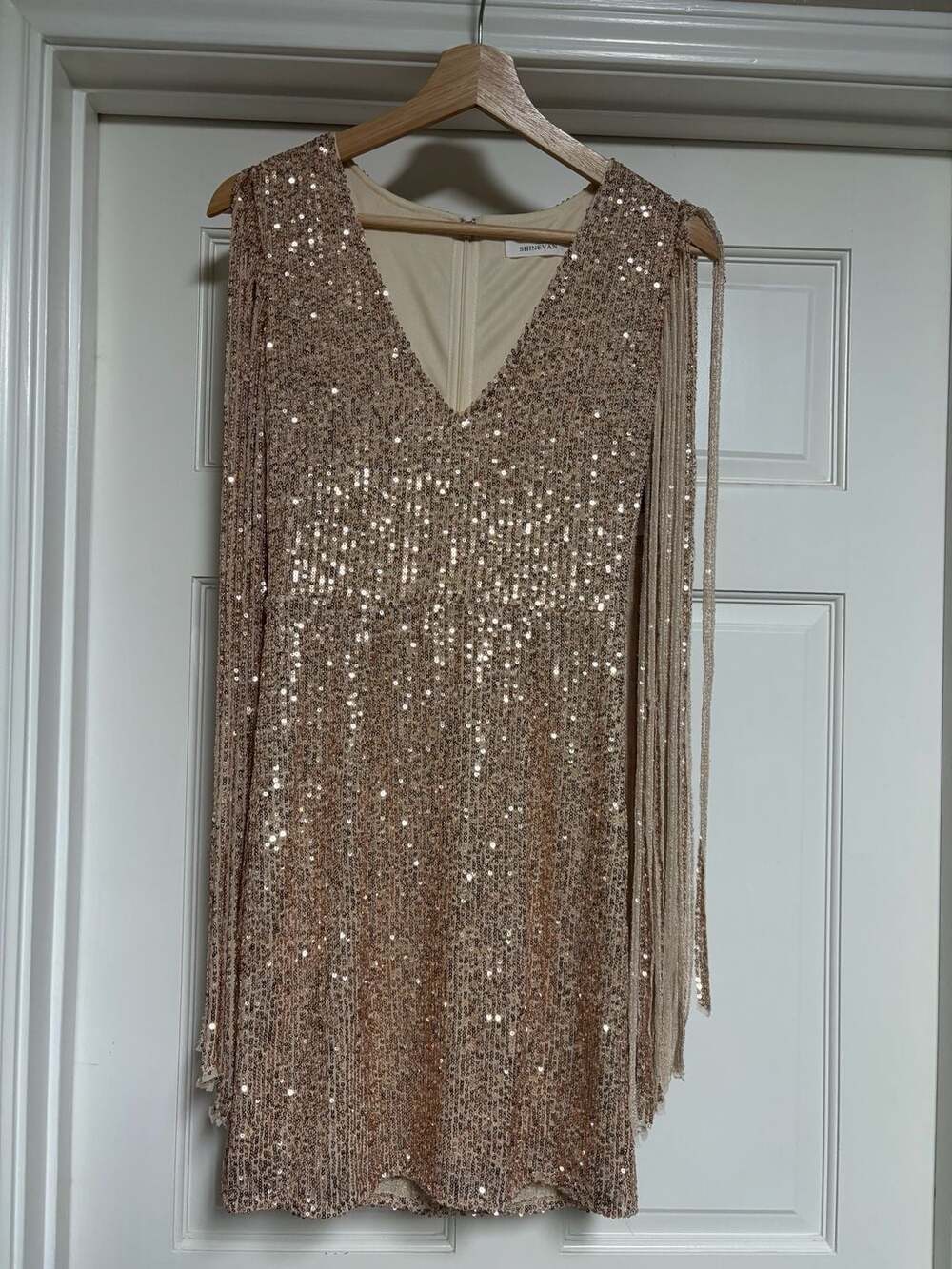 SHINEVAN Sequin Fringe Dress Size S Rose Gold Cocktail Party